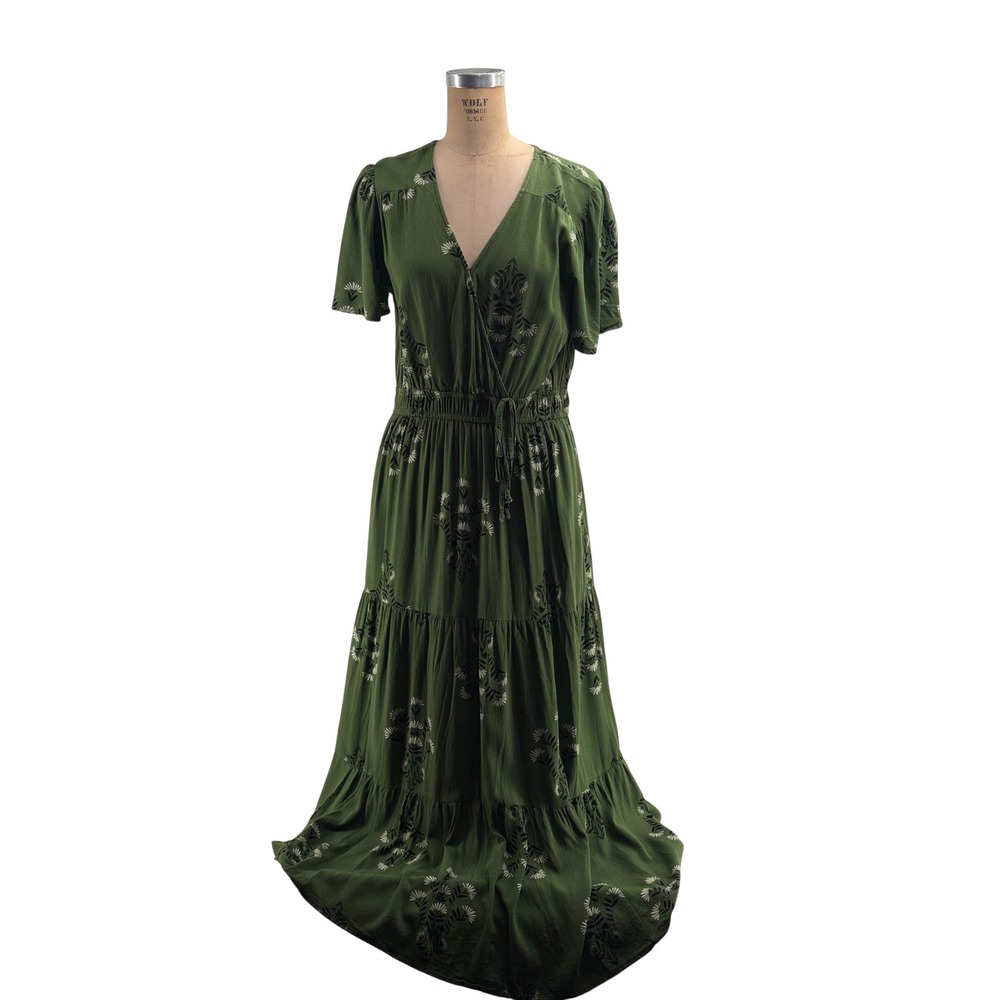 Knox Rose Green Floral Maxi Dress Medium Faux Wrap Tiered Boho Smocked Waist